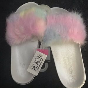 Unicorn slip on faux fur slides